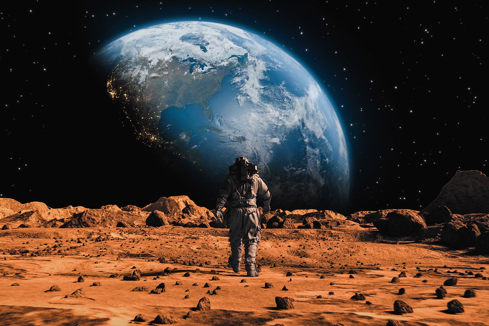 An astronaut standing on the surface of Mars, with the Earth looming large on the starry horizon
