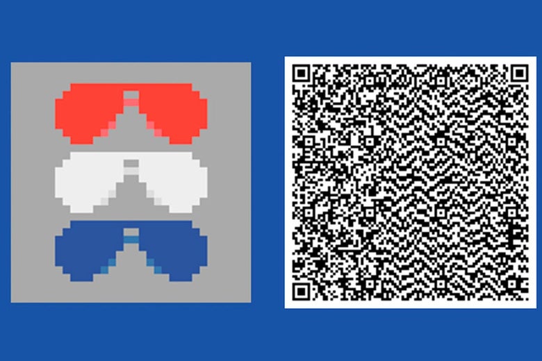 A stack of sunglasses, each colored red, white, or blue, on the left, seen side by side with a QR code in the right