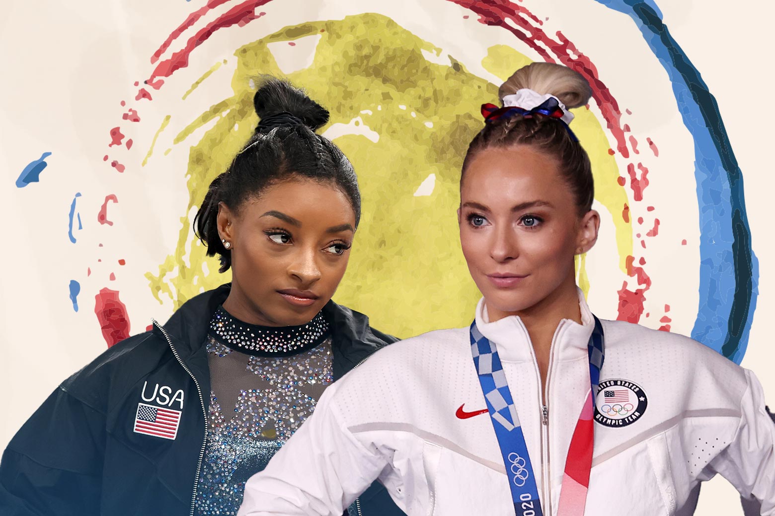 Gymnasts Mykayla Skinner and Simone Biles, both in Team USA gear, look skeptically ahead.