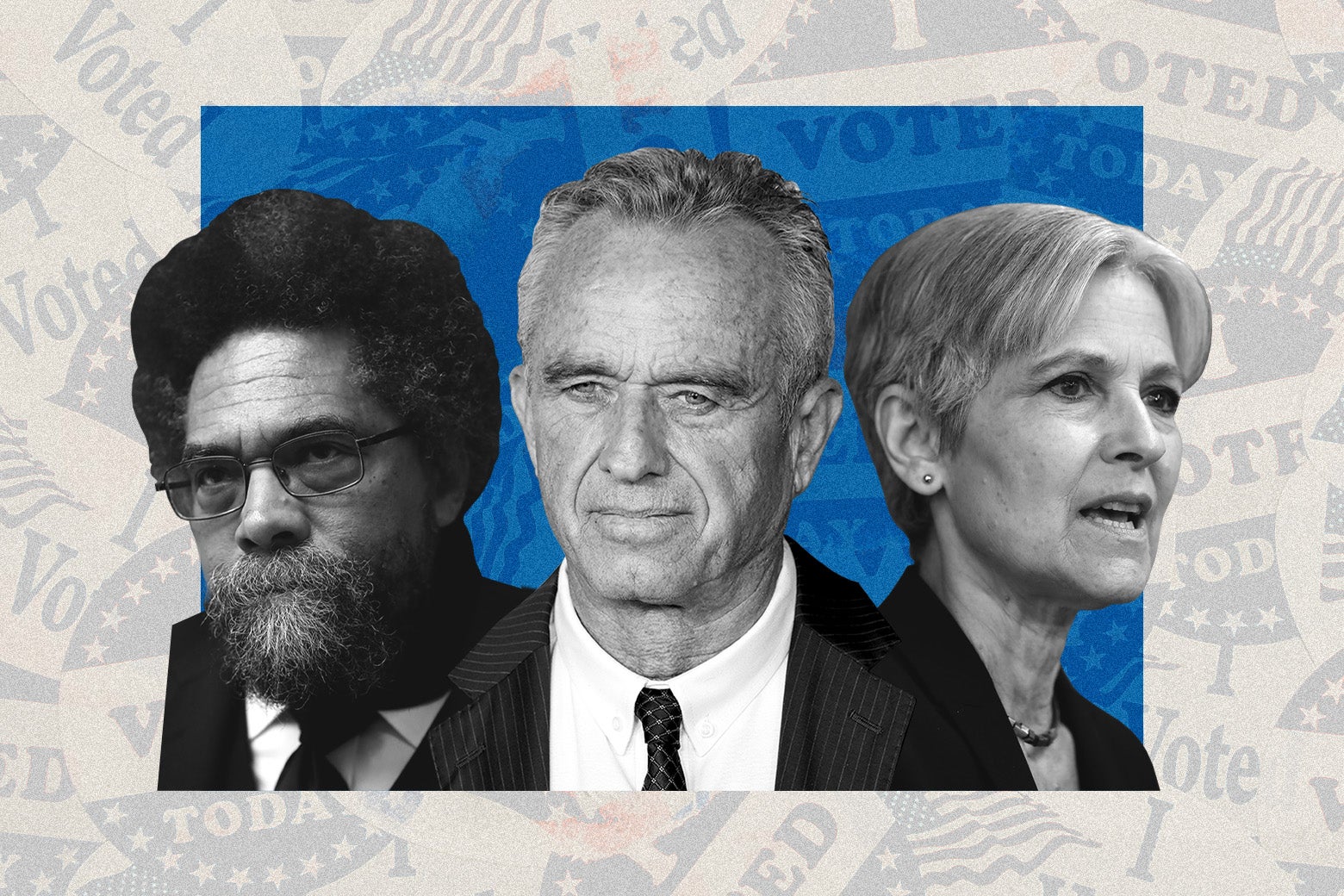 Third-party candidates Cornel West, Robert F. Kennedy Jr., and Jill Stein, over a background of Election Day "I Voted" stickers.