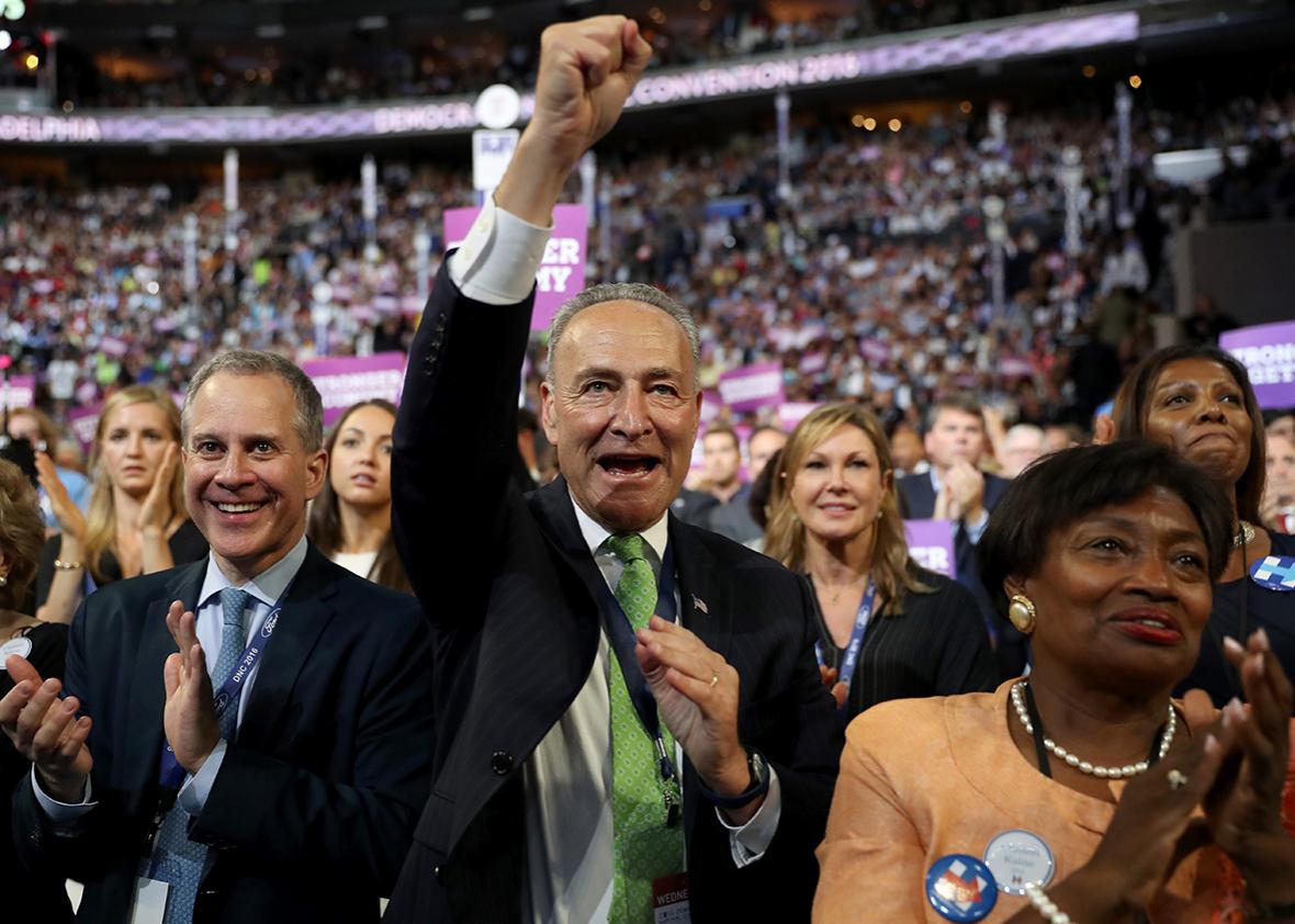 Sen. Chuck Schumer cheers on the third day of the Democratic National Convention at the Wells Fargo Center, July 27, 2016 in Philadelphia, Pennsylvania. 