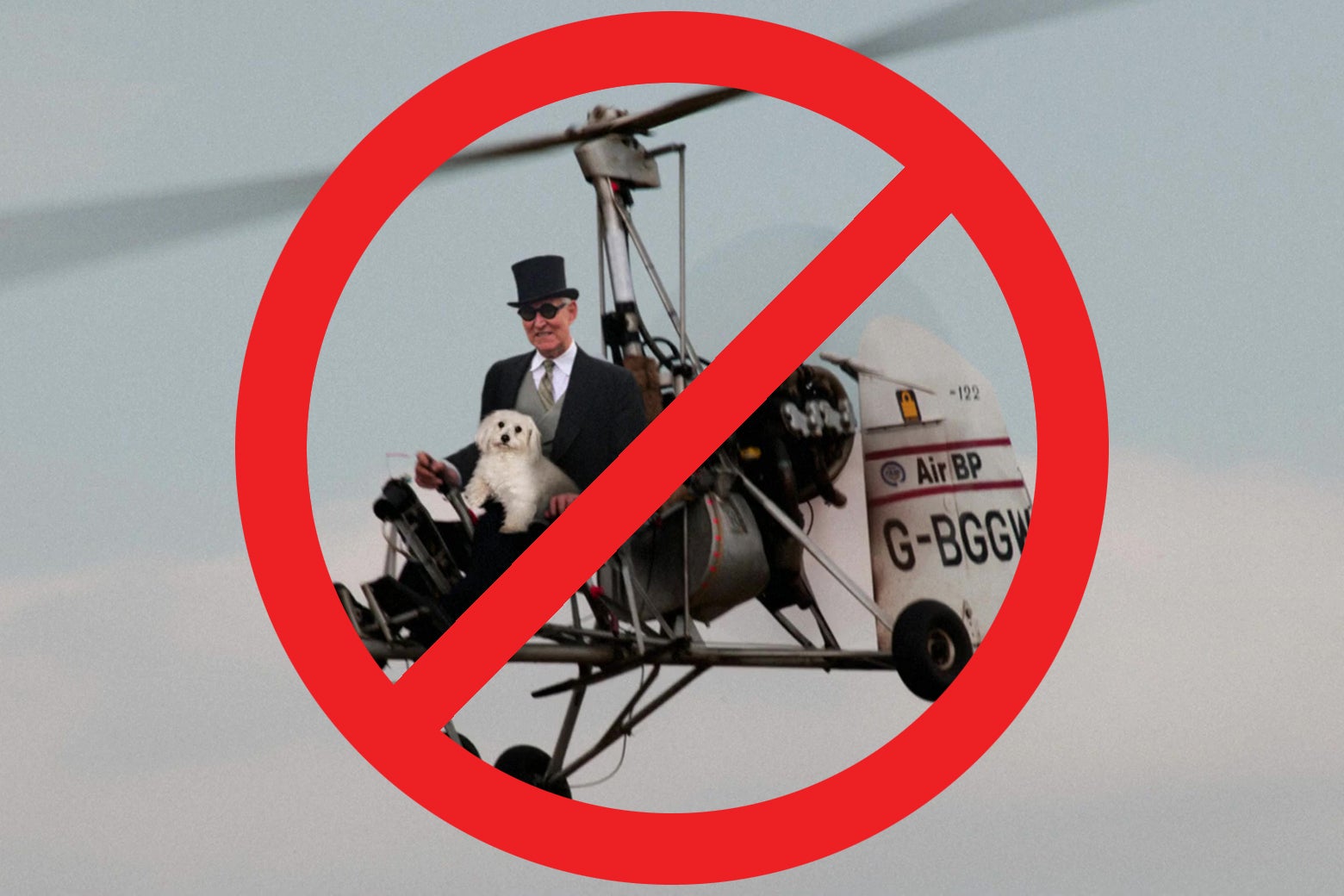 A photo of Roger Stone in an autogyro, with a big red circle and a slash through it superimposed.