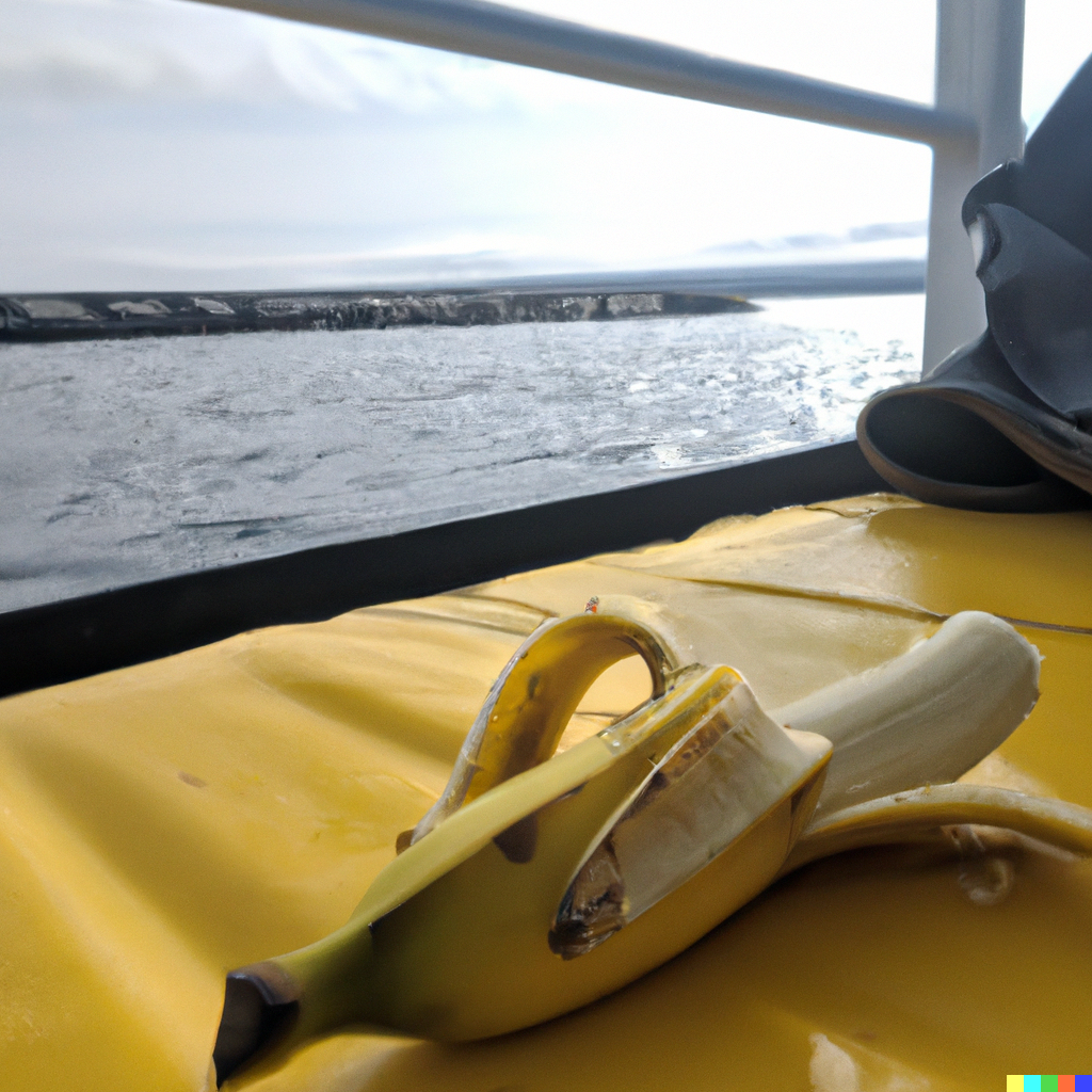 A half-unpeeled banana on a boat.