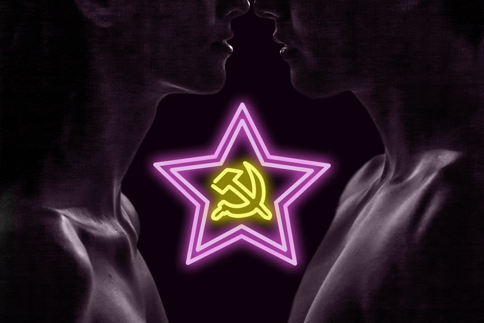 A woman and man embrace in front of a KGB symbol.