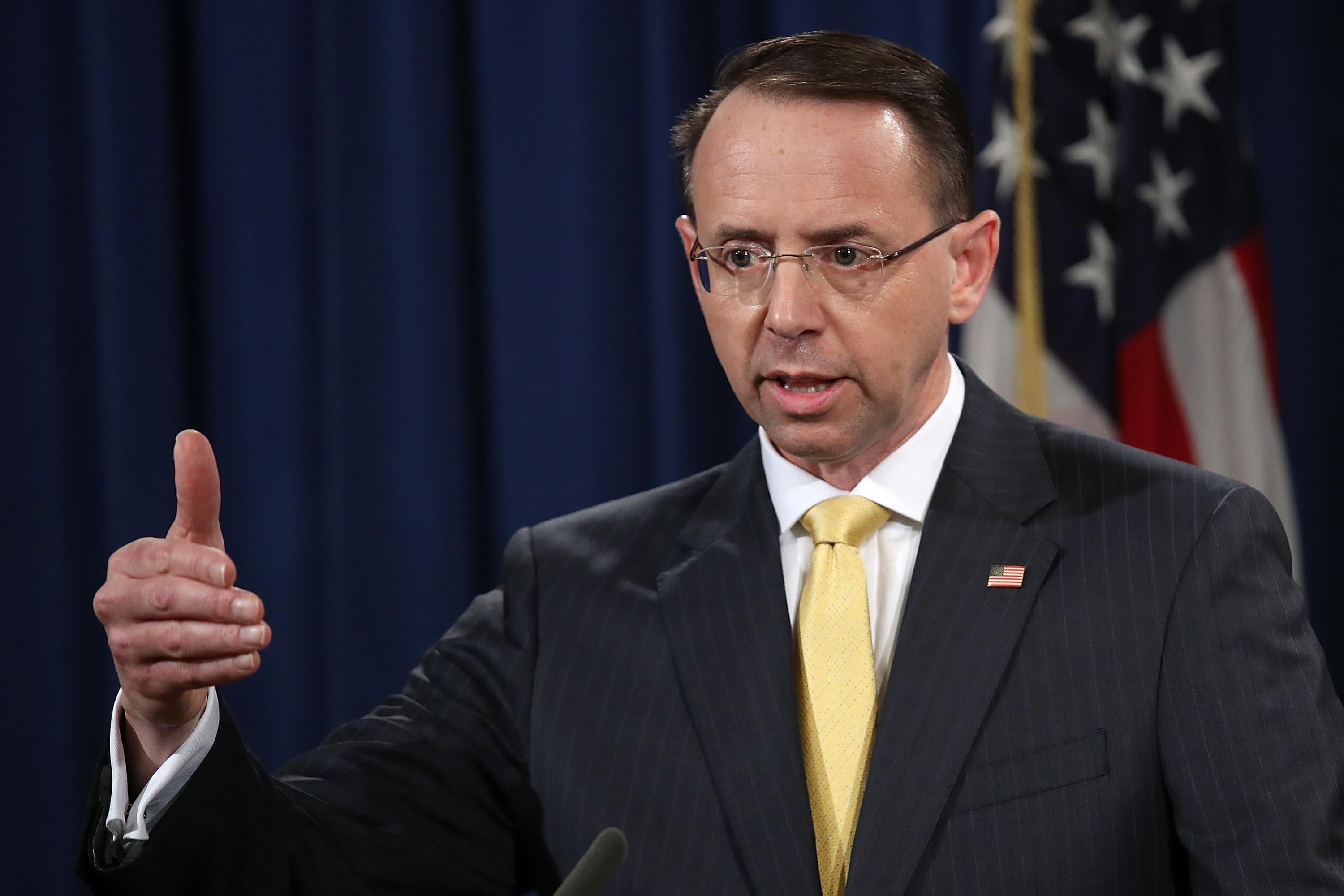 U.S. Deputy Attorney General Rod Rosenstein announces the indictment of 13 Russian nationals and 3 Russian organizations for meddling in the 2016 U.S. presidential election.