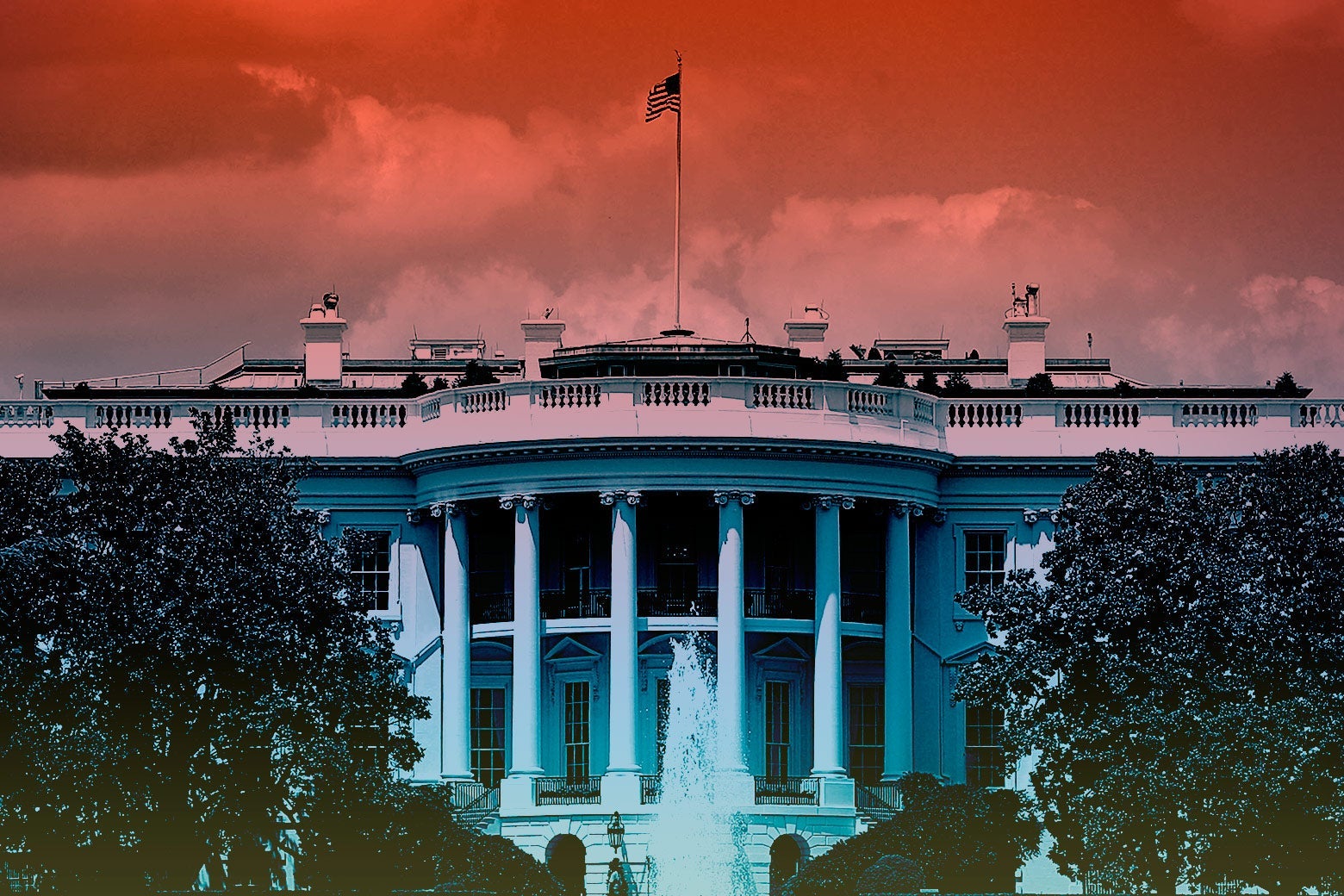 The White House under an ominous cyberpunk red sky