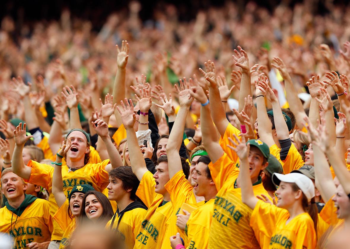 Baylor Bears fans cheer on their team against the TCU Horned Frogs at McLane Stadium on Oct. 11, 2014, in Waco, Texas