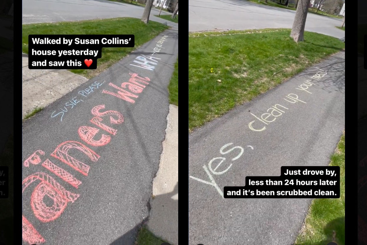 Side by side images show the words "Susie, please, Mainers want WHPA. Vote yes, clean up your mess" in colorful chalk on a sidewalk.