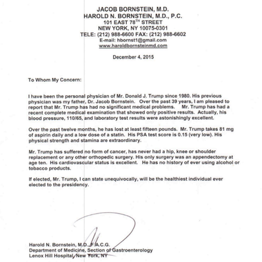 The Dec. 2015 ludicrous medical evaluation of Donald Trump by his absurd physician Dr. Harold Bornstein.
