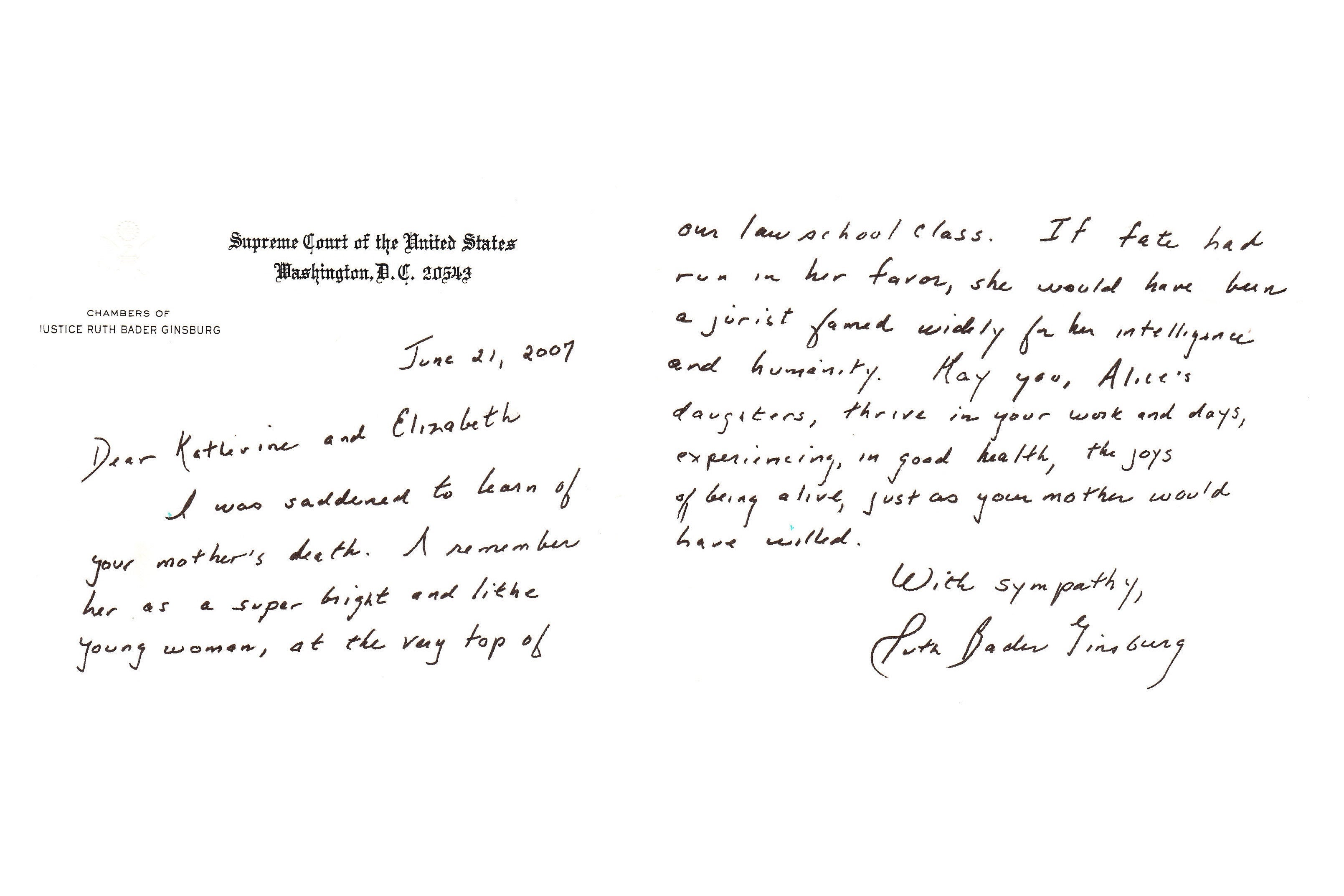 Letter from RBG to Alice’s daughters.