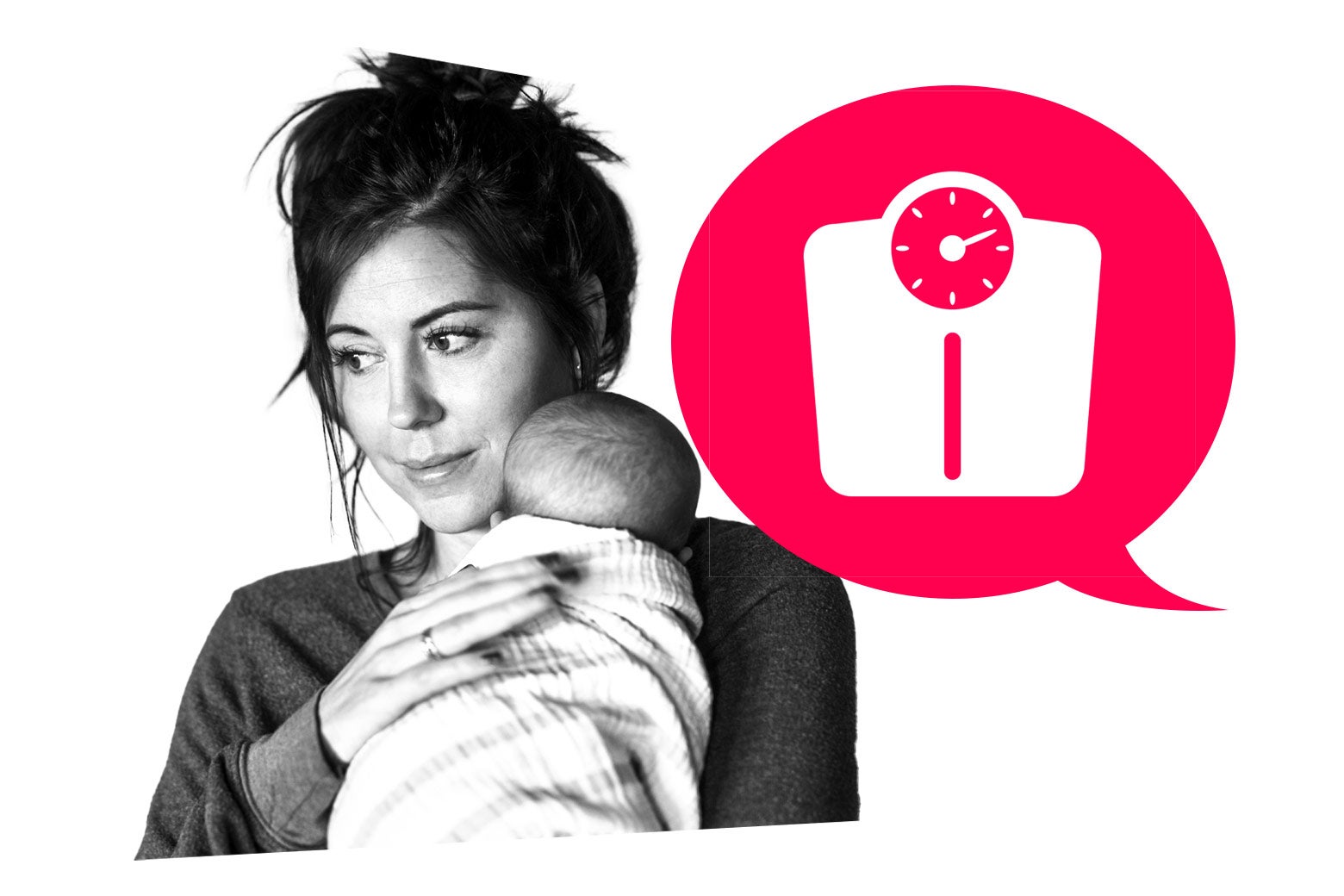 Woman holding a baby with a thought bubble showing a scale next to her.