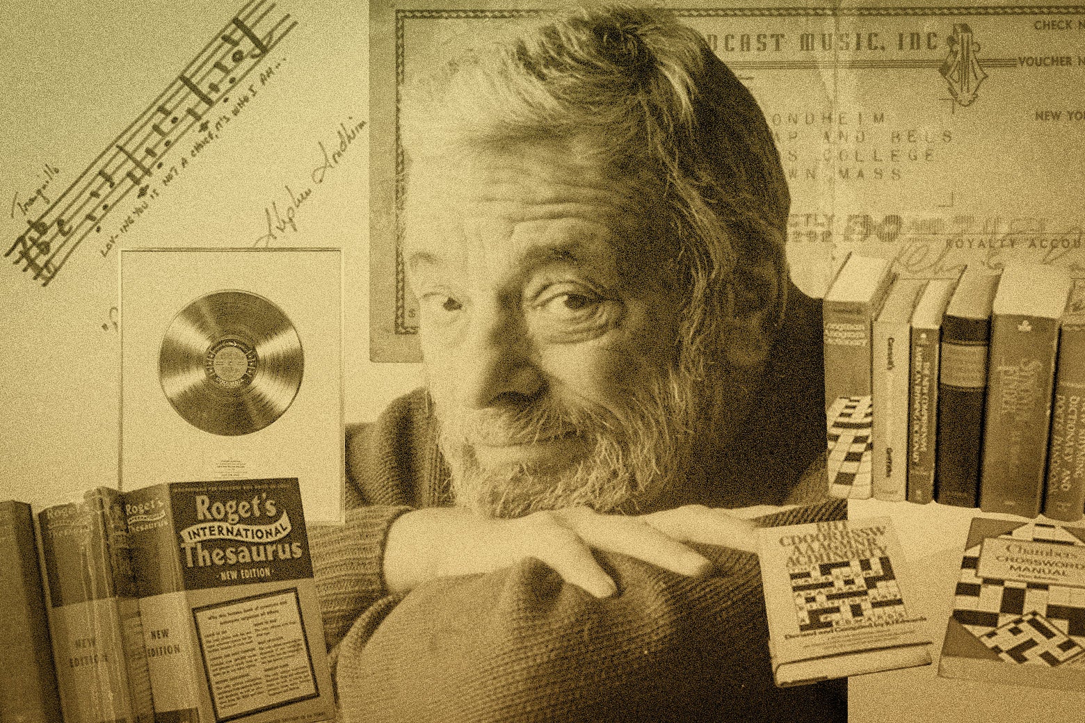 A sepia-toned collage of Stephen Sondheim with his things from the auction, including thesauruses, scripts, records, and the check.