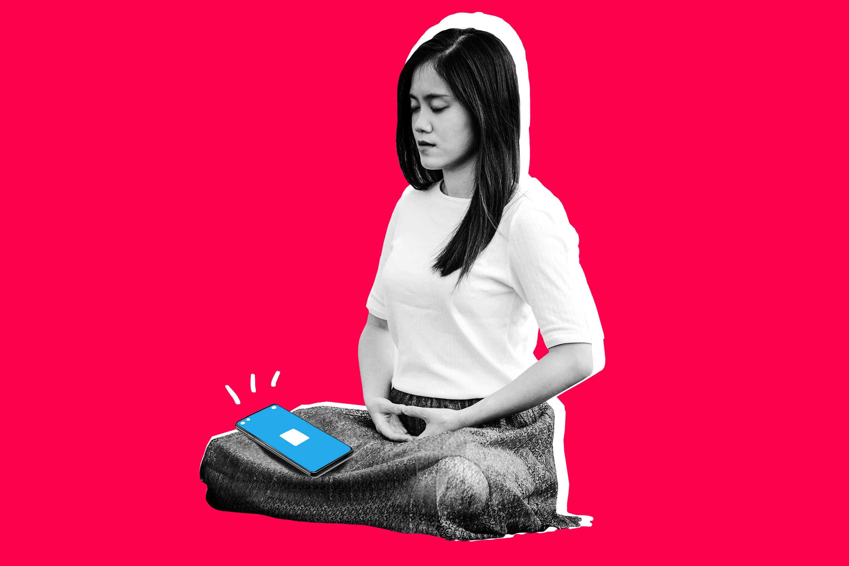 Collage of woman meditating with a smartphone on her lap.