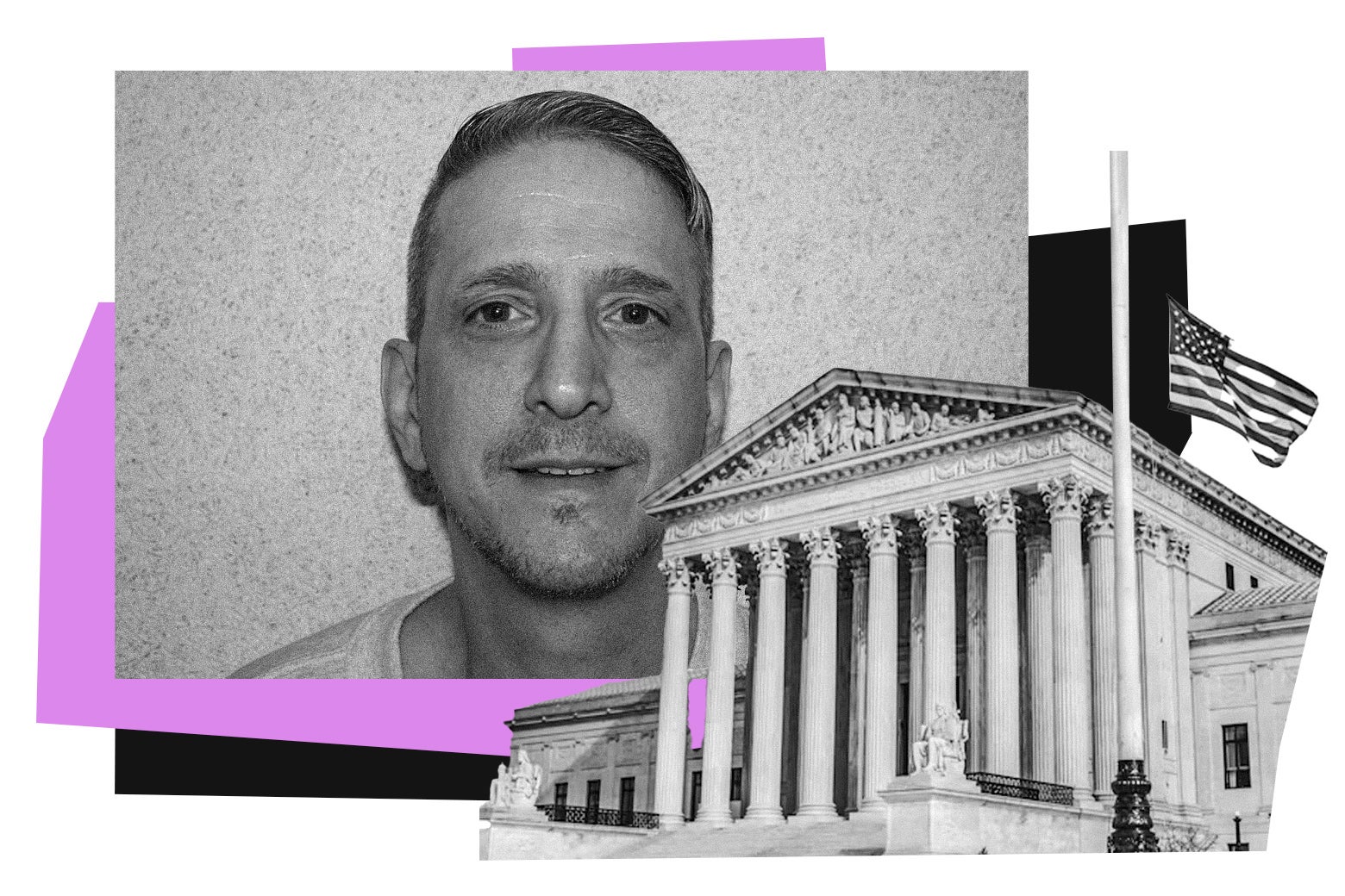 Glossip smiling in his prison garb, an American flag in front of the Supreme Court building.