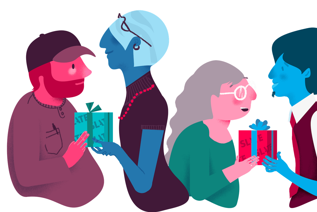 An illustration of colorful people sharing gifts.