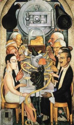 U.S. investors John D. Rockefeller (top left), J.P. Morgan Jr. (top right), and Henry Ford (second right) dine on ticker tape in a Diego Rivera mural of 1927.