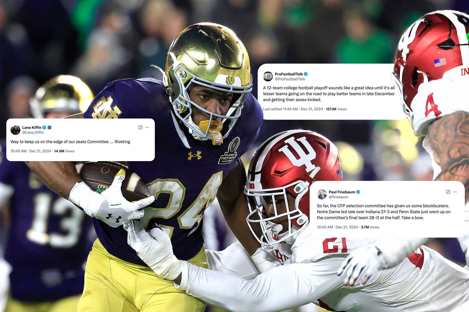 A Notre Dame football player running with a football about to be tackled by a Indiana University defensive lineman with tweets celebrating the excitement of it.