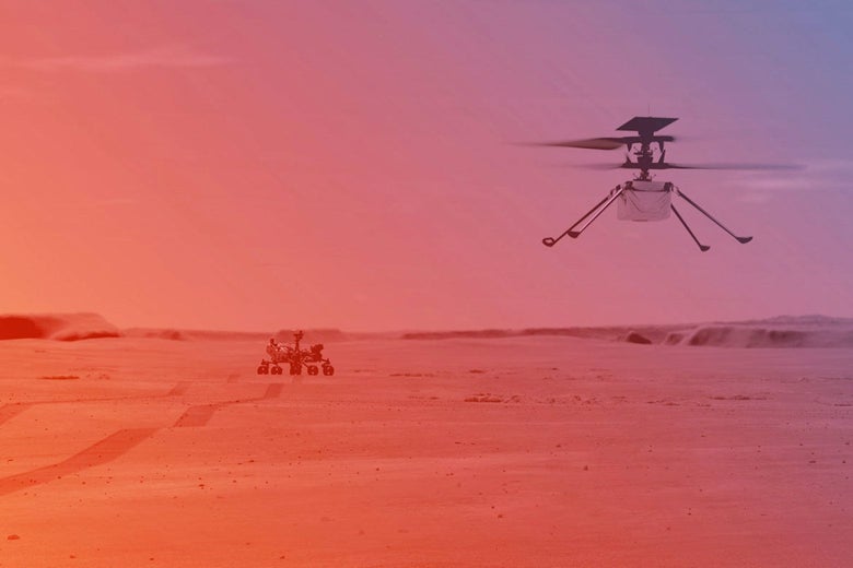 An illustration showing the Perseverance rover and Ingenuity helicopter on Mars. 