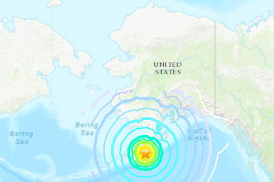A map with rings around the epicenter of the quake indicating its strength at different distances.