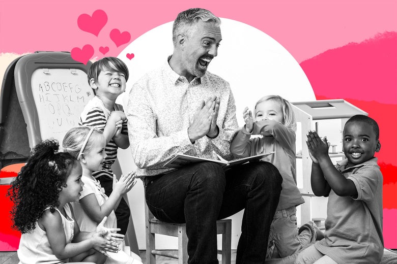 A man sits with a book in his lap with a group of children around him, one of them has hearts around his head.