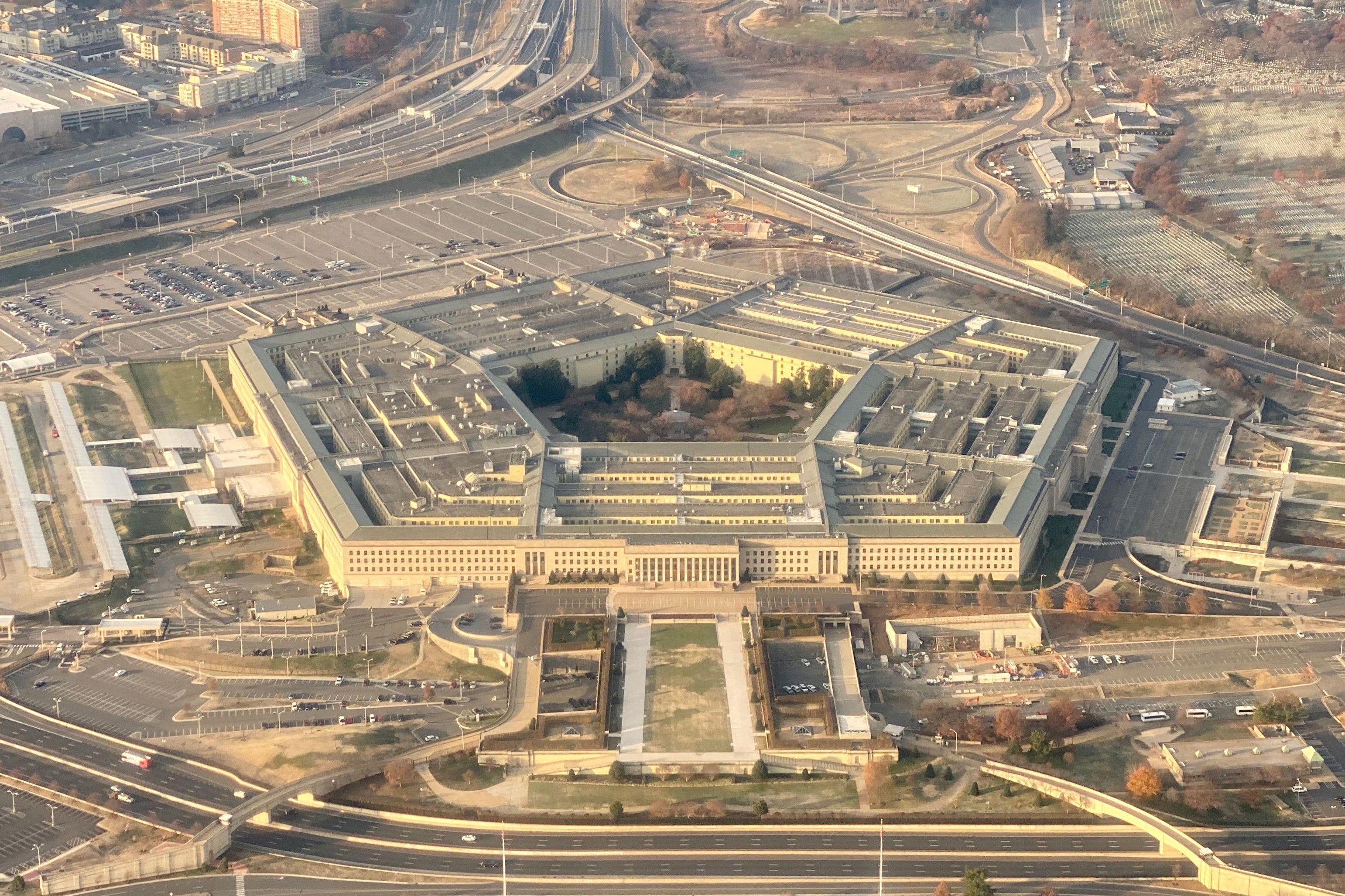 The Pentagon, the headquarters of the Department of Defense, located in Arlington County, across the Potomac River from Washington, DC is seen from the air on December 8, 2019. 