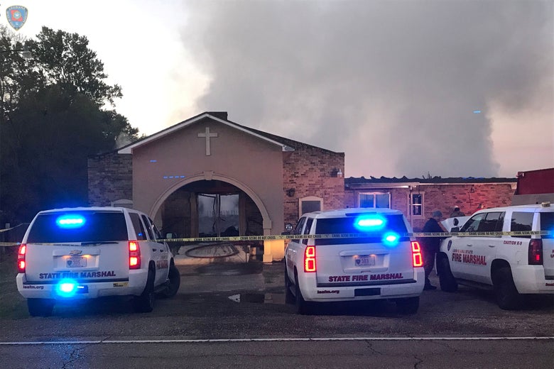 Louisiana State Fire Marshall vehicles are seen outside the Greater Union Baptist Church during a fire, in Opelousas, Louisiana, U.S. April 2, 2019.