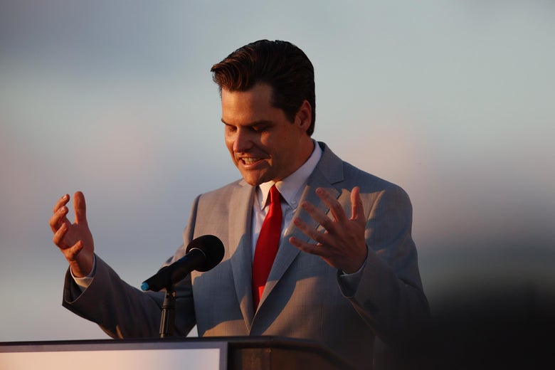 Rep. Matt Gaetz (R-Fl) speaks during the "Save America Summit" at the Trump National Doral golf resort on April 9, 2021 in Doral, Florida.