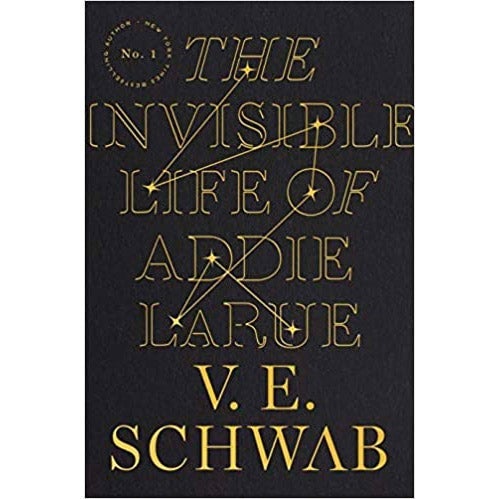 A black book cover with thin, yellow lettering: The Invisible Life of Addie LaRue. Seven scattered stars are connected, forming a constellation.
