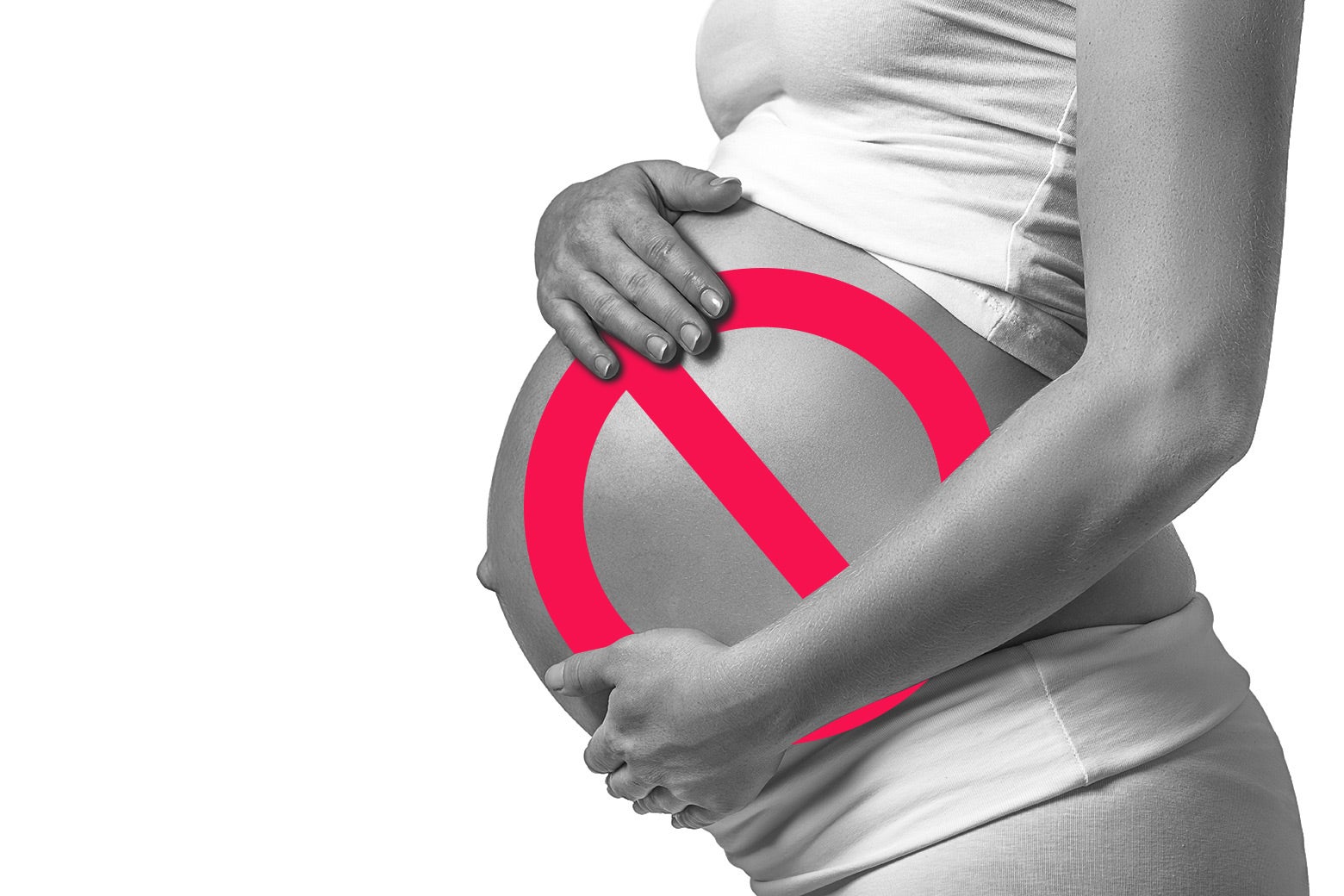 Pregnant person with a stop symbol on their stomach.