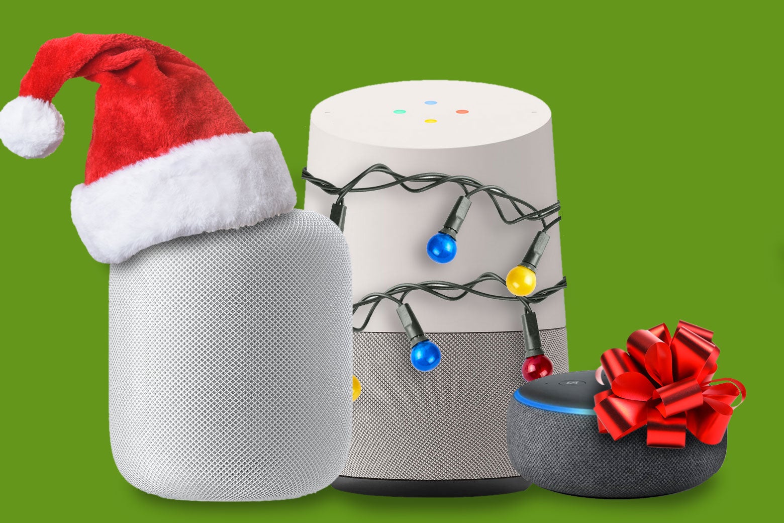 Smart speakers all decked out for Christmas.