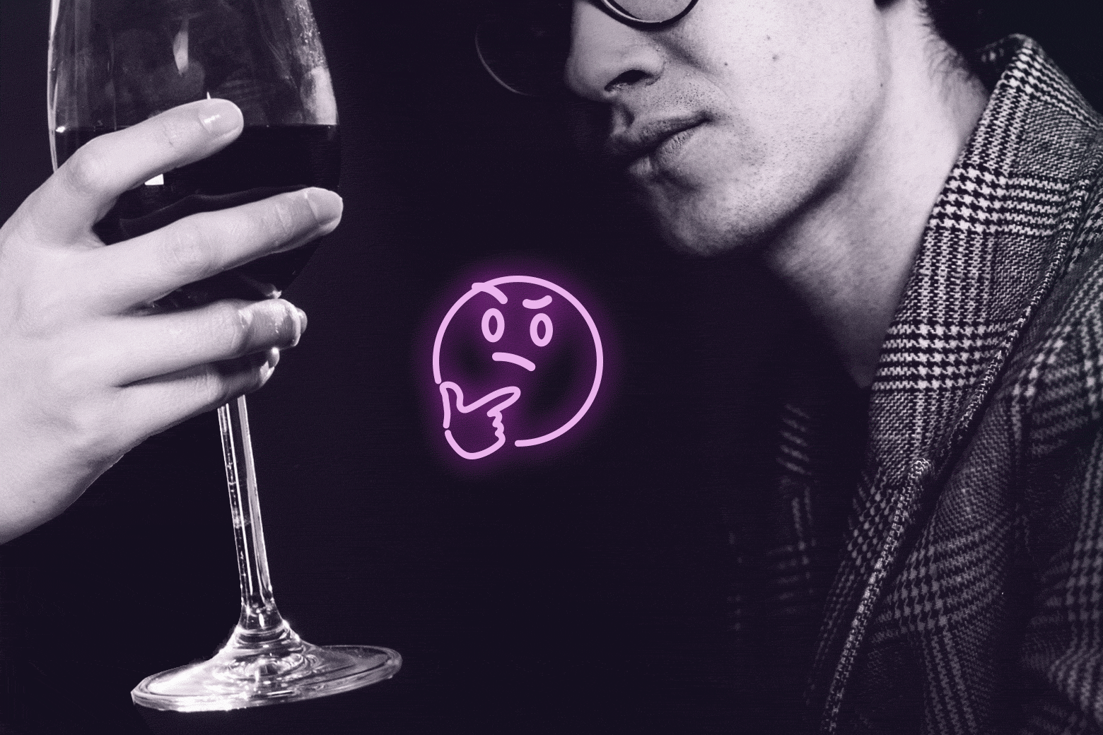 A hand holds a wine glass, a "thinking face" emoji, and a man in a tweed jacket.