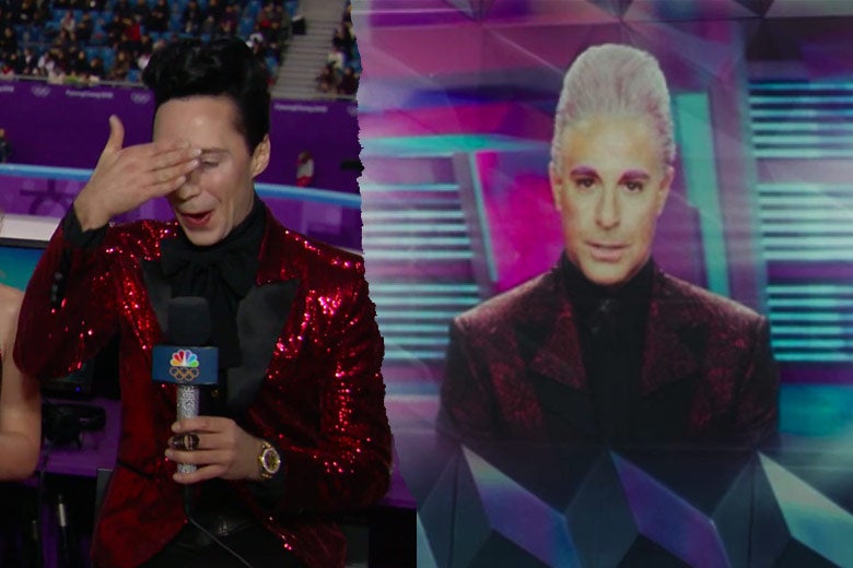 Left: Johnny Weir covers his eyes and wears a red, sequined blazer. Right: Stanley Tucci as Caesar Flickerman wears a similar blazer.