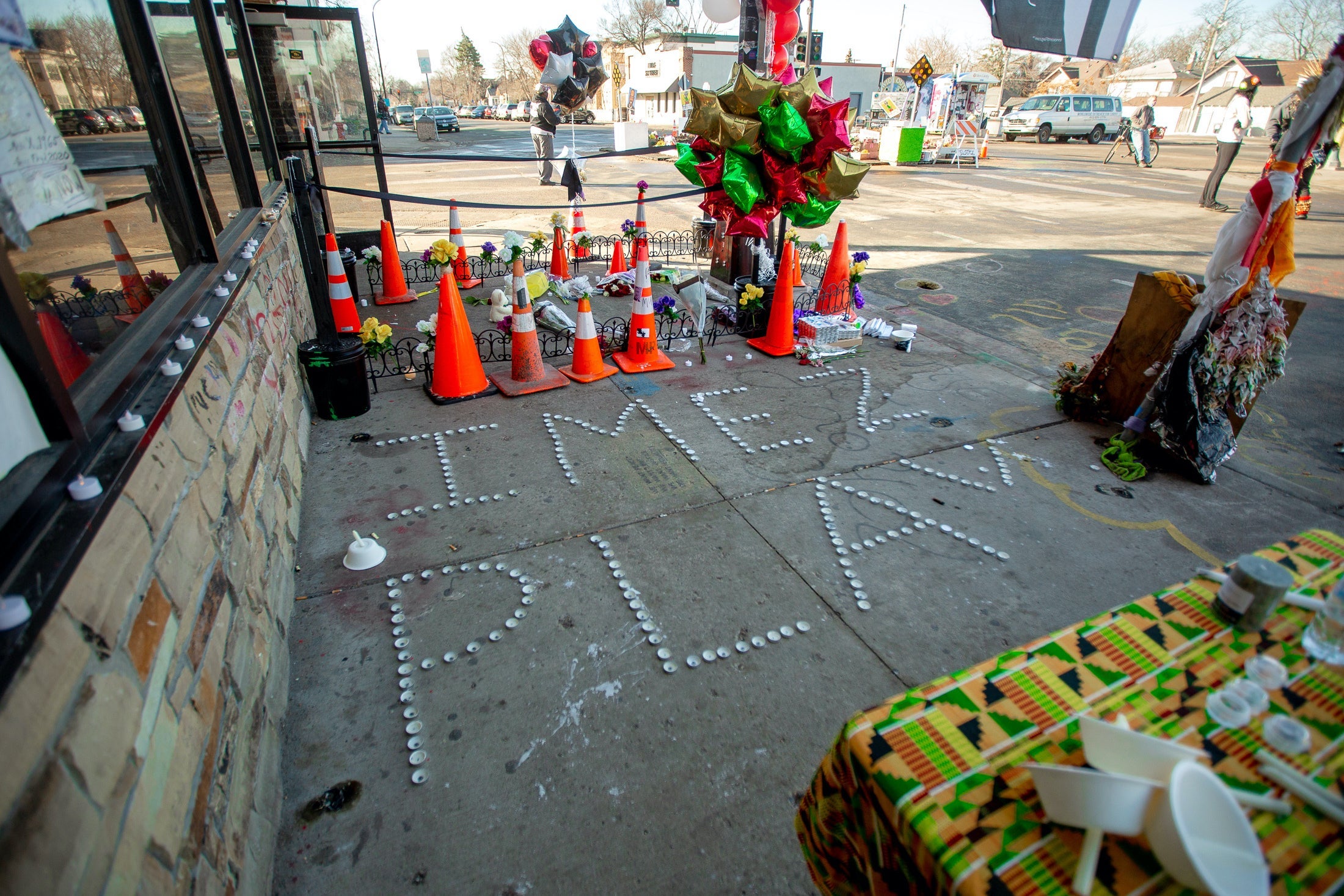 A memorial spells out the name of the shooting victim in George Floyd Square. 