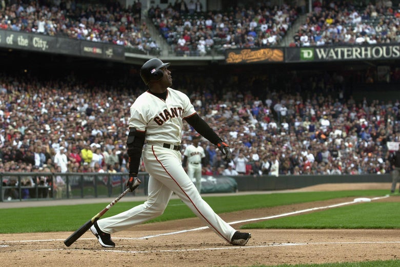 Barry Bonds watches his homer fly out.