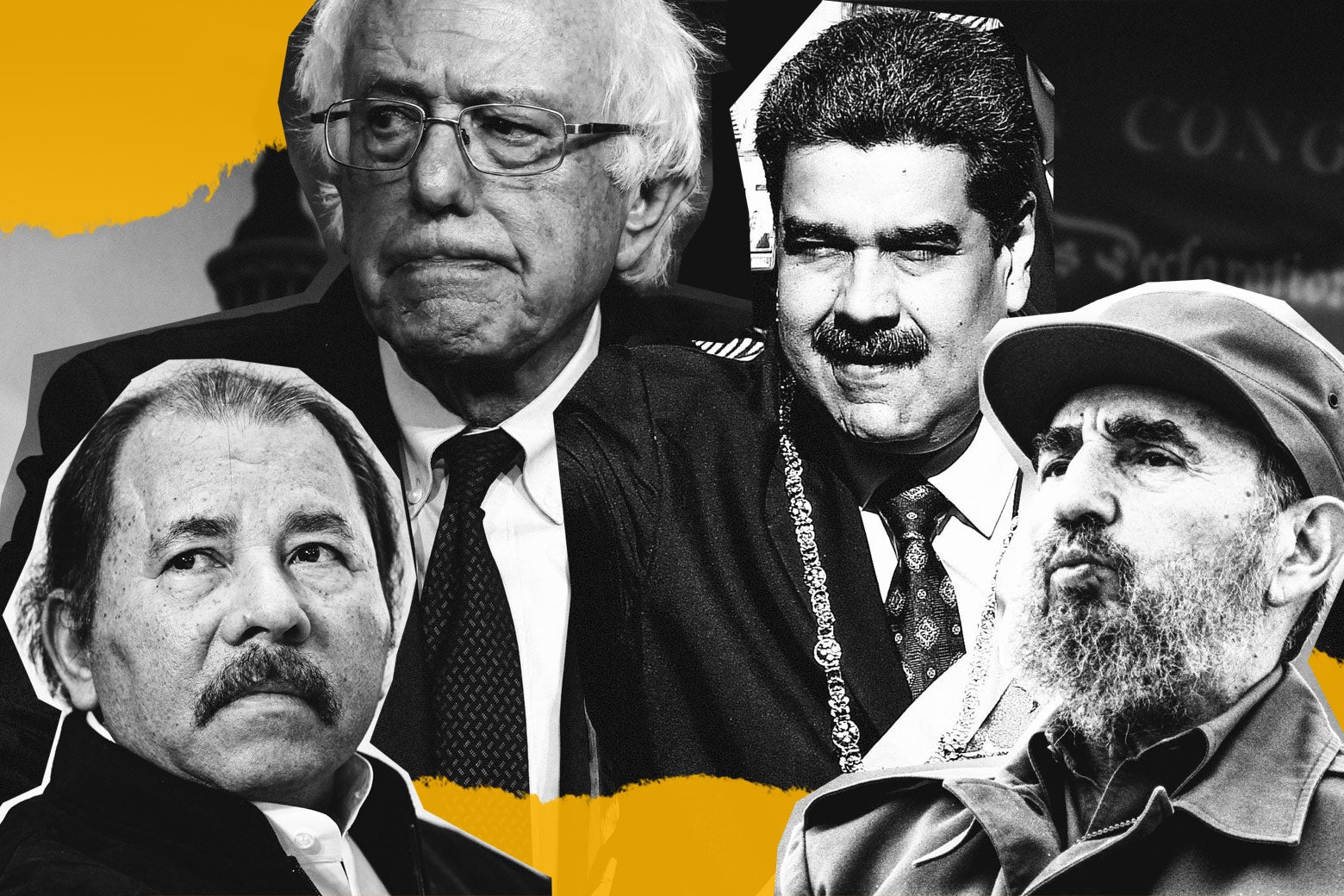 A collage of Bernie Sanders surrounded by Daniel Ortega, Nicolás Maduro, and Fidel Castro.