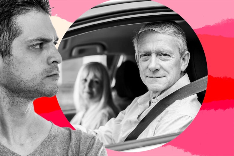 A man glares at two older parents looking unconcerned in the front seats of a car.