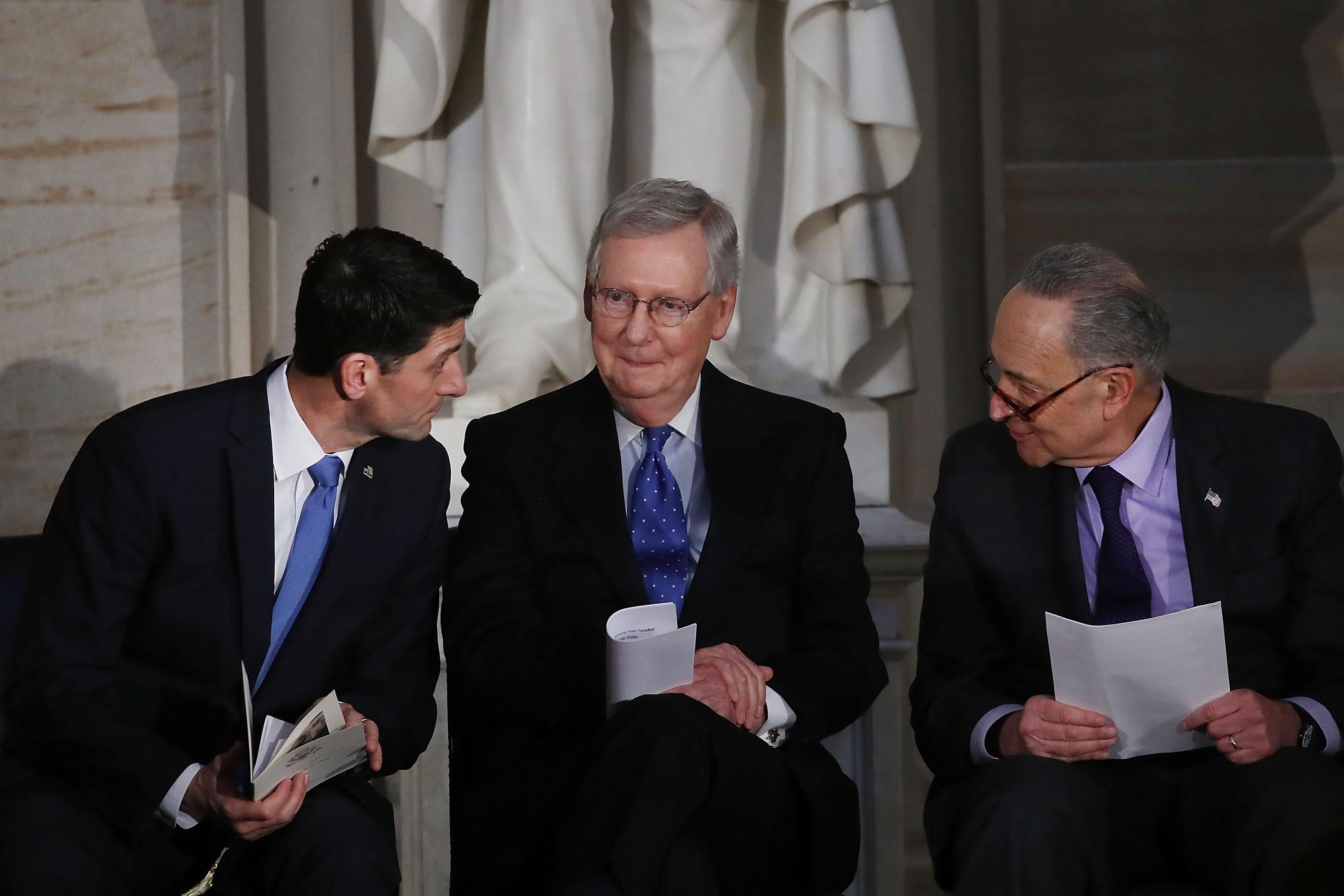 House Speaker Paul Ryan, Senate Majority Leader Mitch McConnell, and Senate Minority Leader Chuck Schumer.