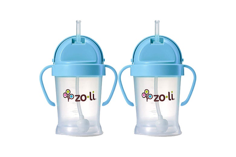 Two clear plastic Zoli sippy cups with blue lids.