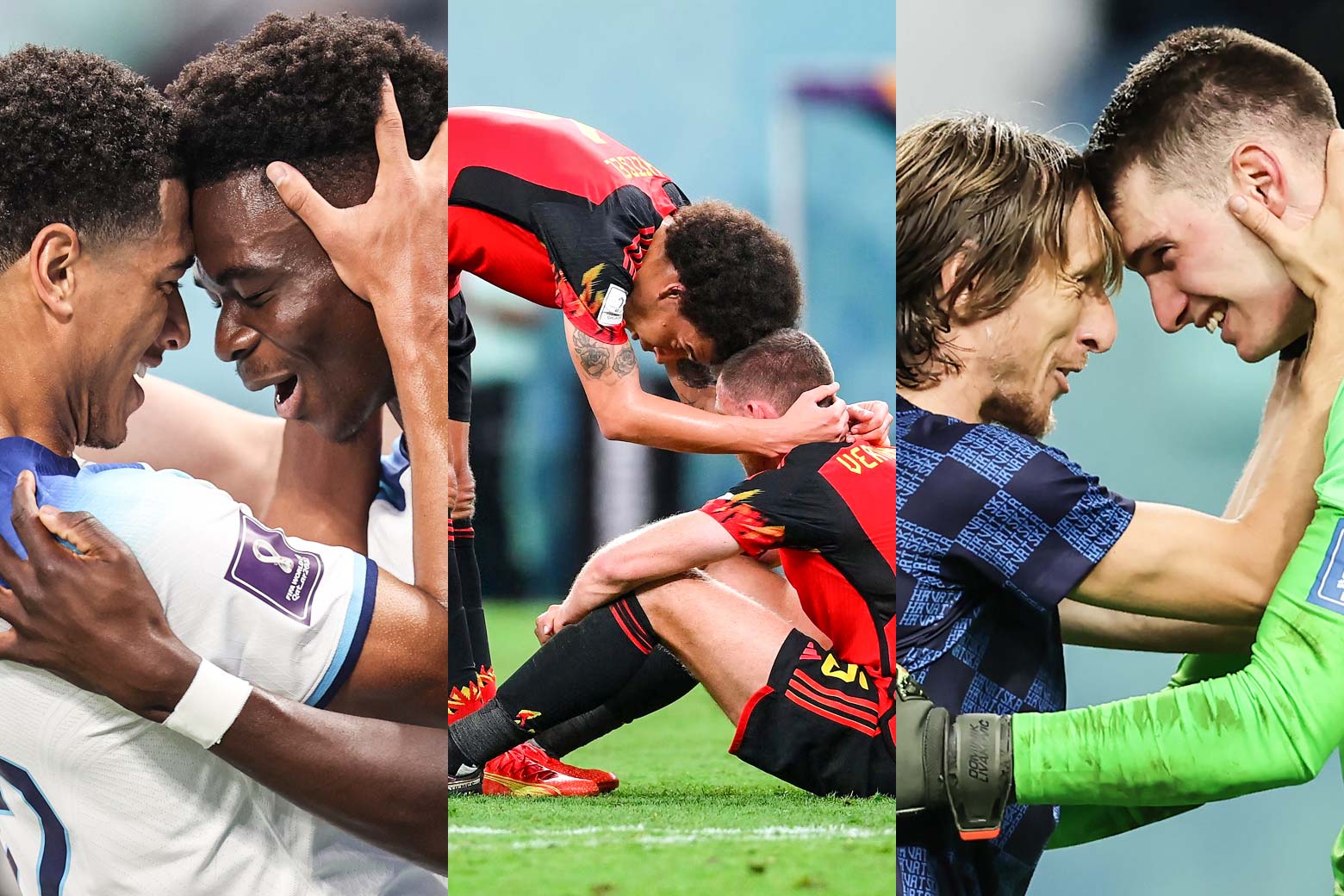 A collage of three photos, from L-R: Bukayo Saka and Jude Bellingham press their foreheads together as they both smile. Jan Vertonghen sits on the field with Axel Witsel leaning over him, their heads touching. Luka Modric and Dominik Livakovic gaze into each other's eyes with their foreheads pressed together.
