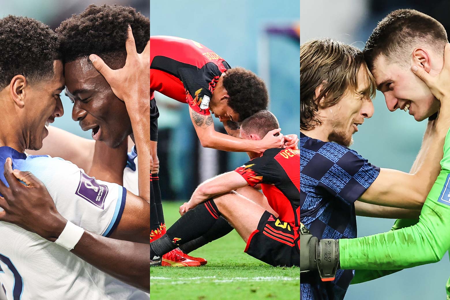 Un collage de trois photos, de LR : Bukayo Saka et Jude Bellingham se serrent le front en souriant.  Jan Vertonghen est assis sur le terrain avec Axel Witsel penché sur lui, leurs têtes se touchant.  Luka Modric et Dominik Livakovic se regardent dans les yeux, le front collé.