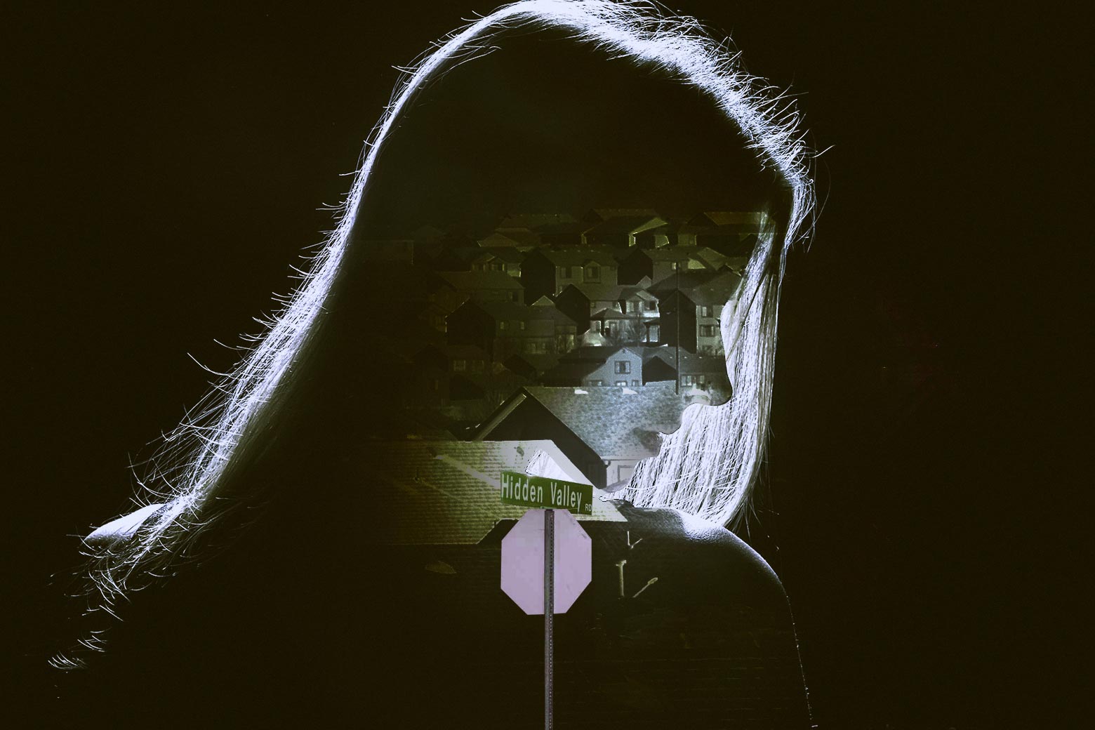 A woman in the dark, translucent and looking down, imposed over a suburban neighborhood and the Hidden Valley Road sign.
