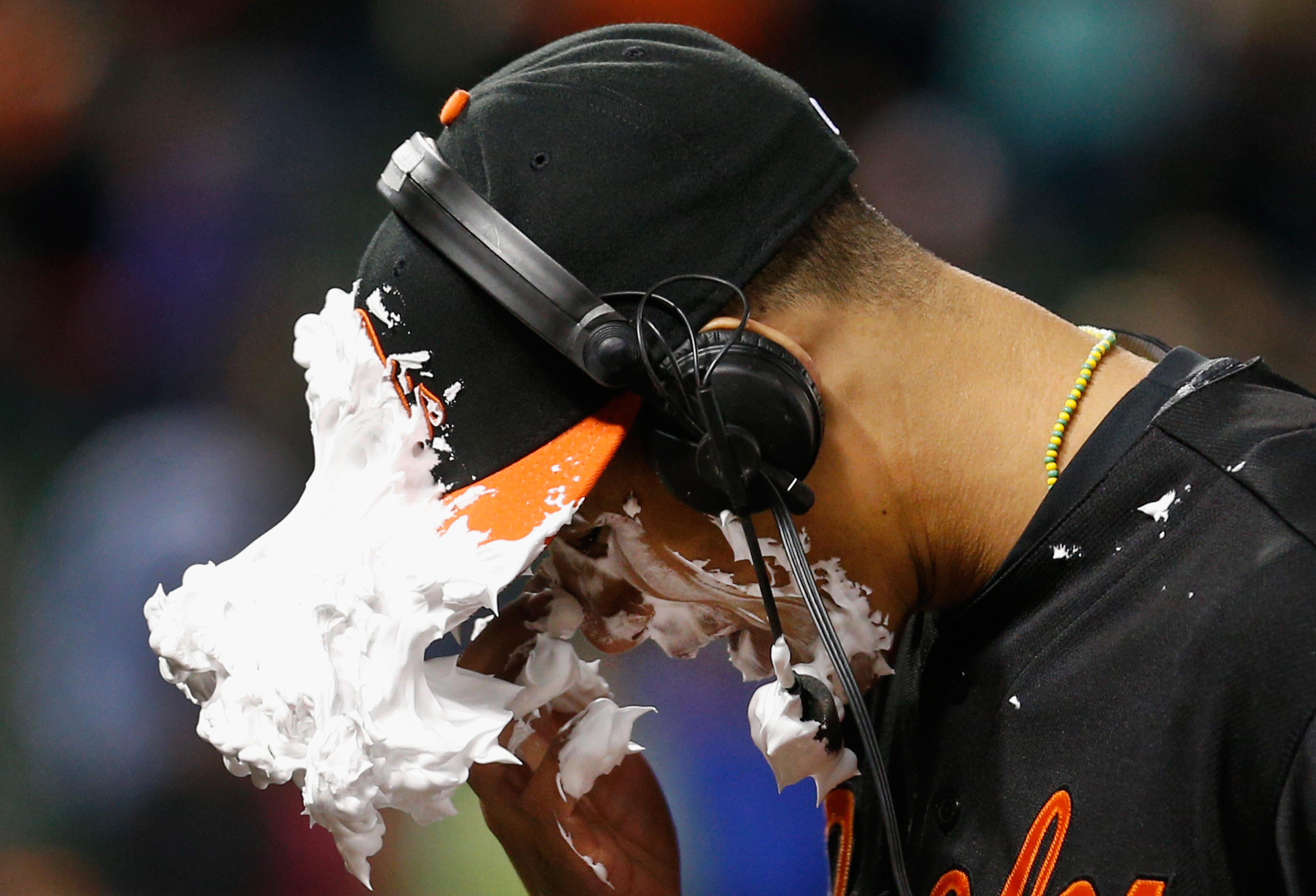 Manny Machado, No. 13 of the Baltimore Orioles, after being hit with a shaving cream pie.