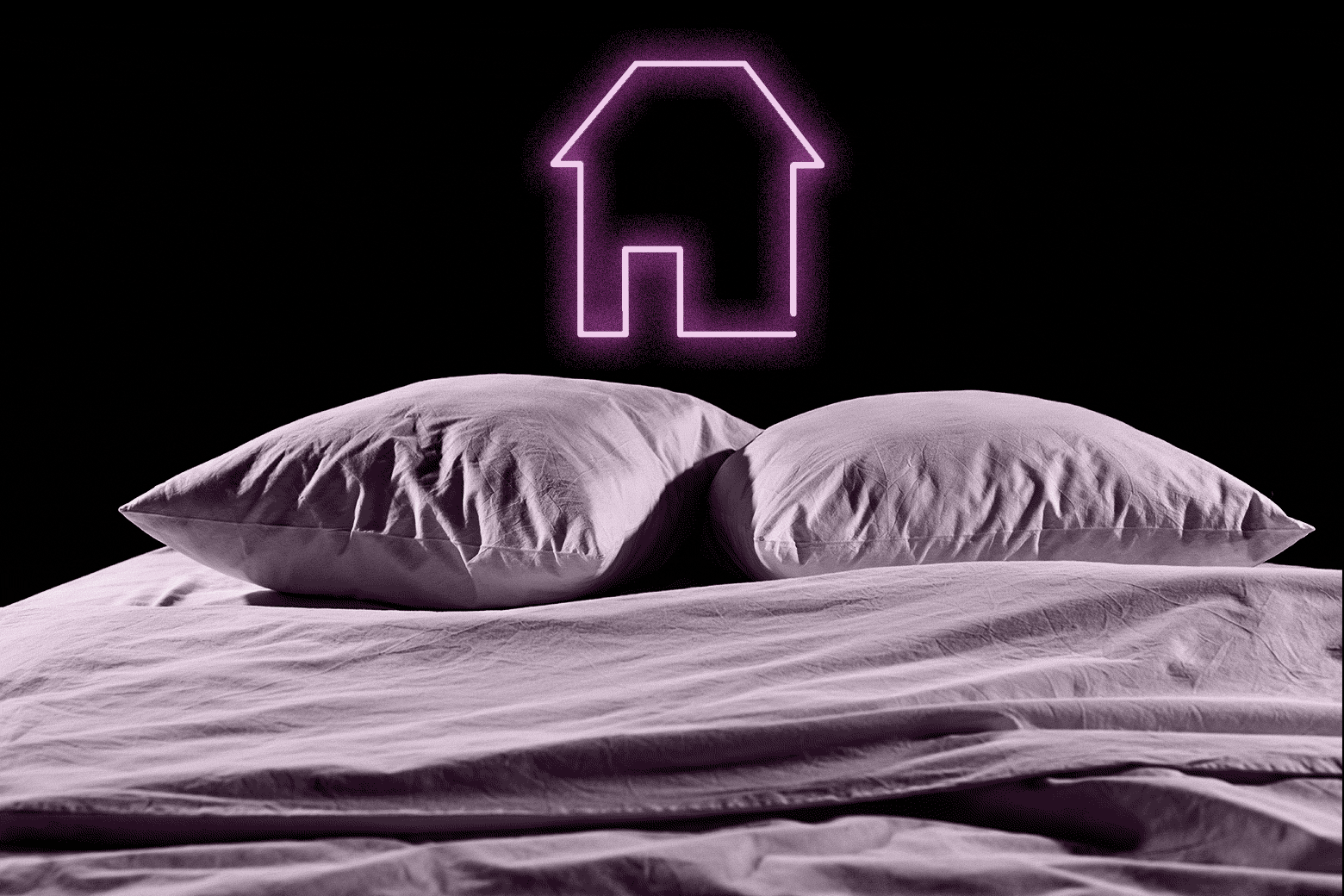 An empty bed with a neon house floating over it.