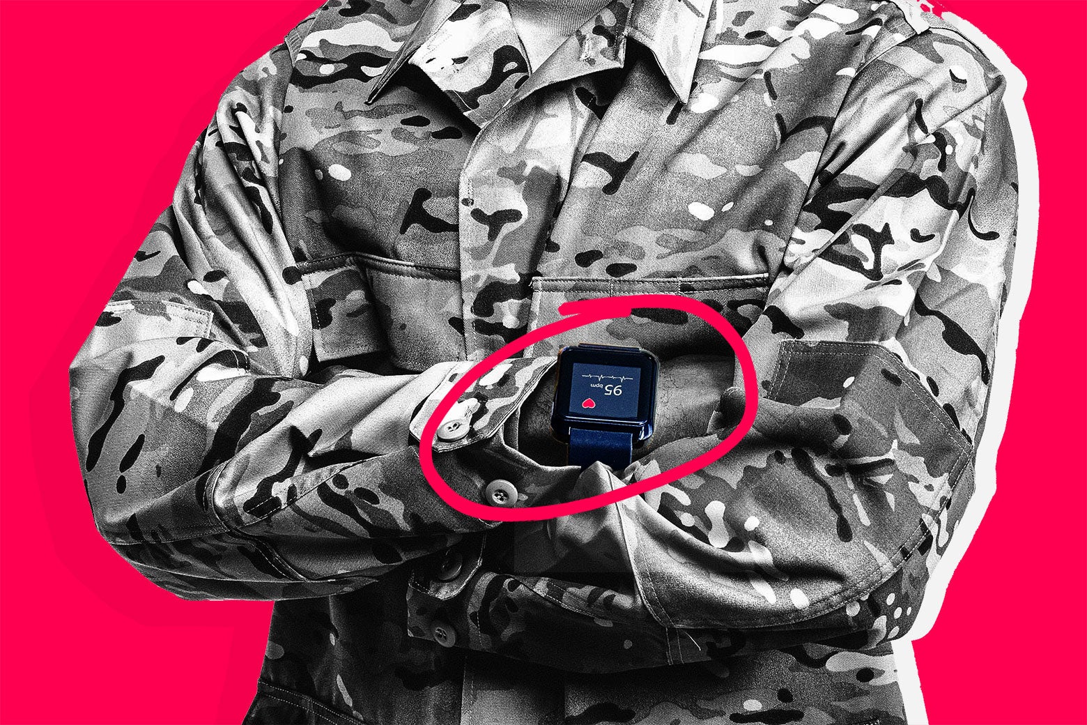 Illustration: a service member wears a smartwatch that is circled. Photo illustration by Slate. Photos by Thinkstock.