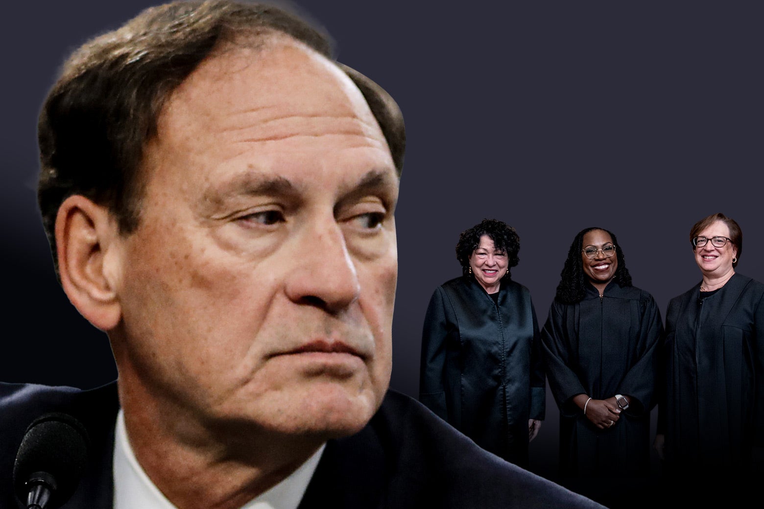 A giant Alito head looking at three progressive Supreme Court justices.