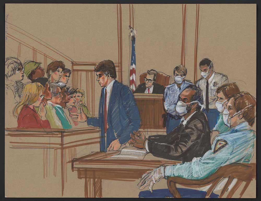 Courtroom drawings from the trials of Charles Manson, Bobby Seale, John