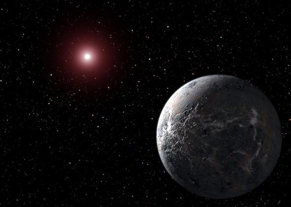 An artists impression of a new planet, OGLE-2005-BLG-390Lb, and its parent star.