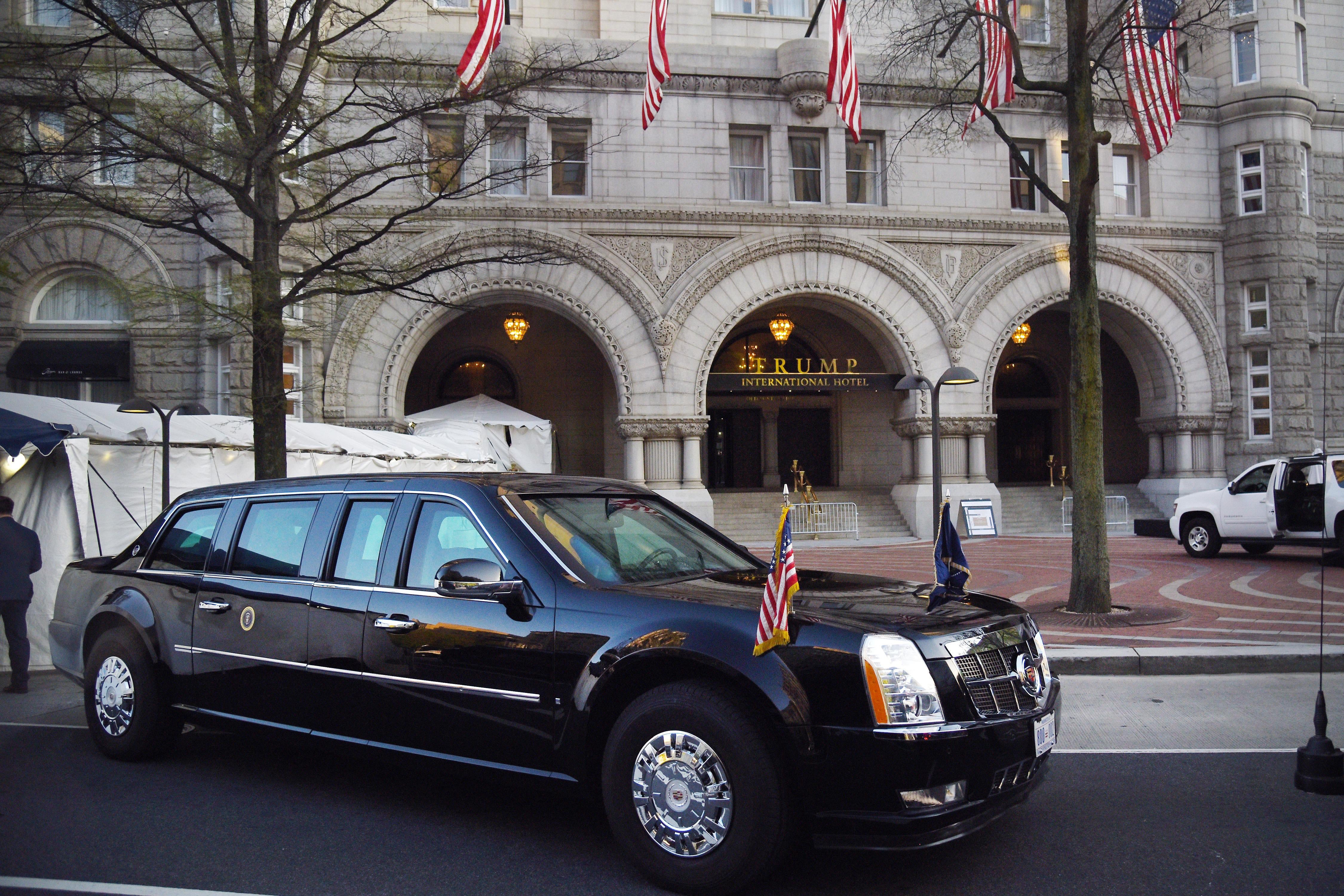 The presidential limousine parked in front of the Trump hotel as  President Trump attends dinner with supporters on April 30, 2018 in Washington, DC. 