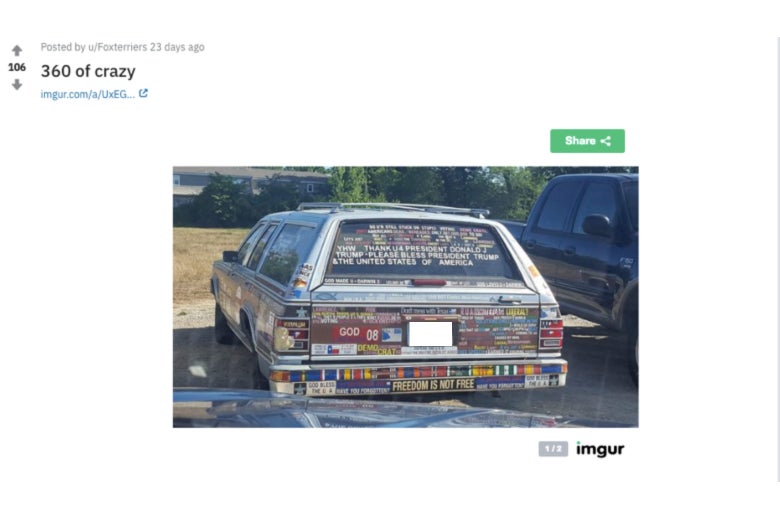 This screenshot is titled "360 of crazy" and is of a station wagon literally covered in bumper stickers. A selection of bumper stickers: "Freedom Is Not Free," "YHW - THANK U 4 PRESIDENT DONALD J TRUMP," and multiple Texas flags. Both ends of the bumper have the same sticker: "God Bless the U __ A."