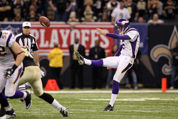 Chris Kluwe of the Minnesota Vikings punts the ball against the New Orleans Saints during the NFC Championship Game at the Louisiana Superdome on January 24, 2010 in New Orleans, Louisiana.